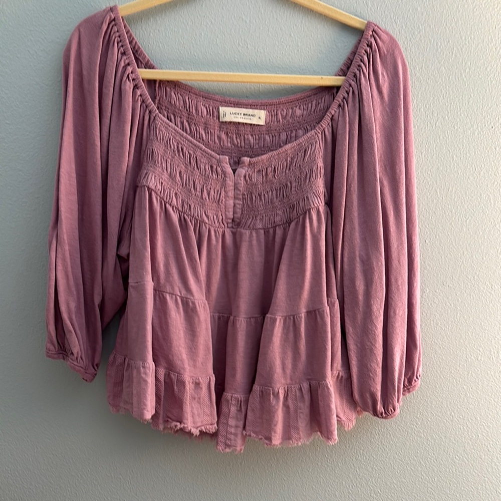 Lucky Brand Pink Tiered Smocked Blouse